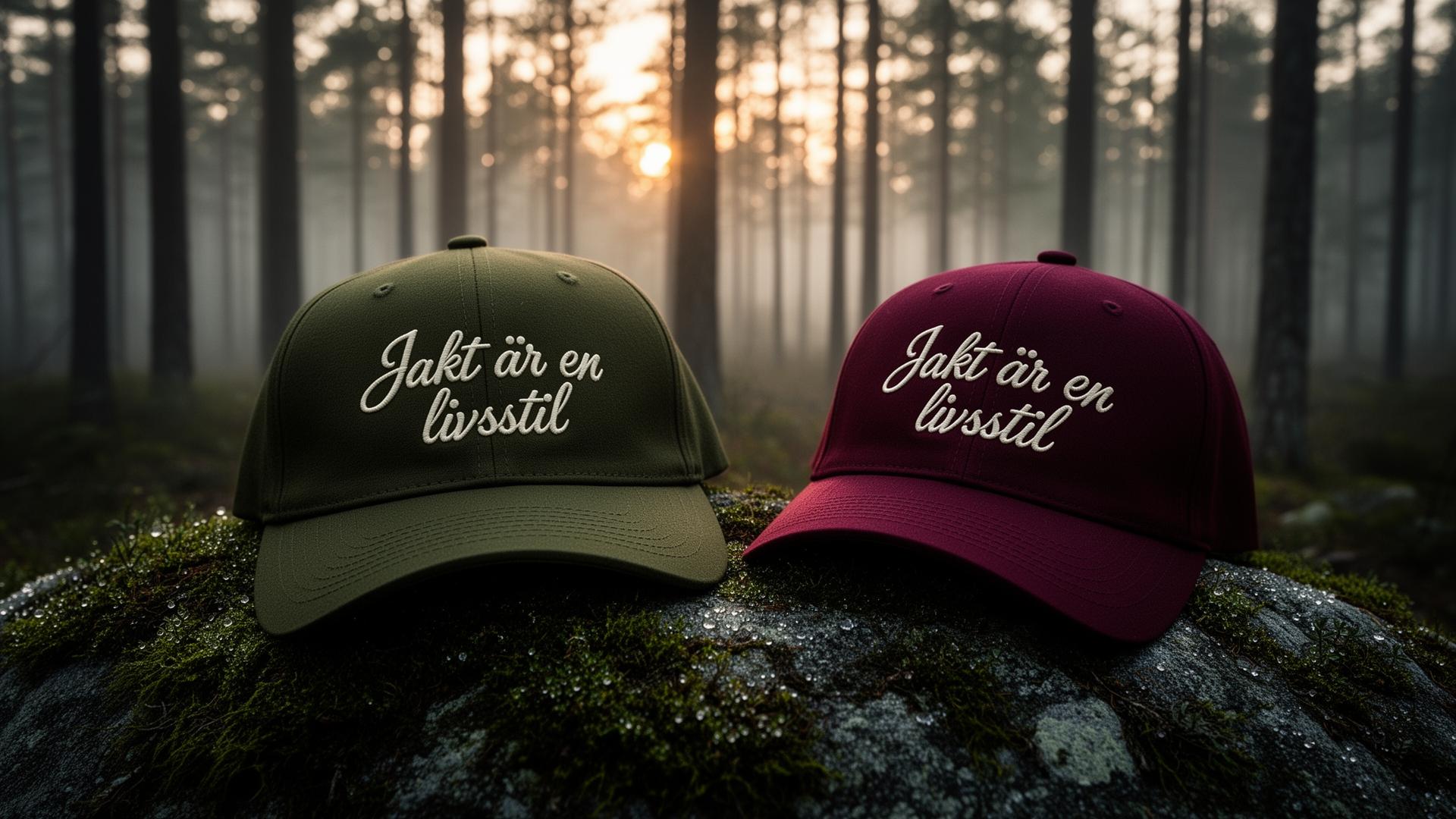 Olivgrön och vinröd keps med tryckt logga i den svenska skogen i gryningen